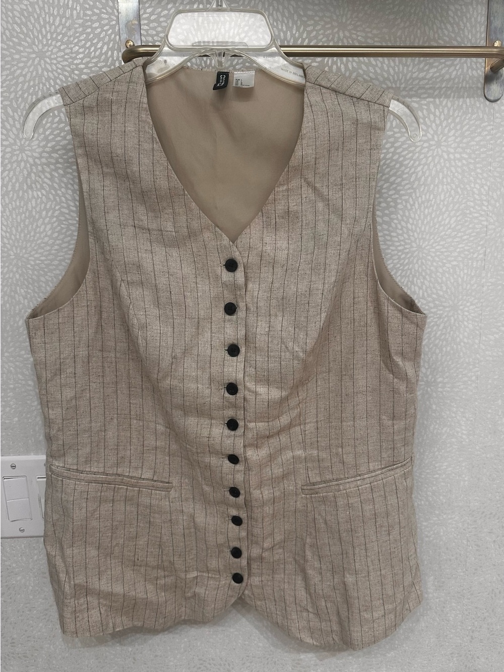 H&M Pinstripe Button Front Linen Vest in Beige